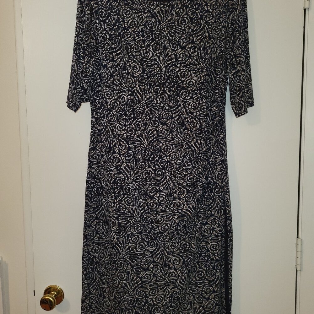 Connected Apparel Navy/Tan Print Dress, Size 14. Faux front skirting.